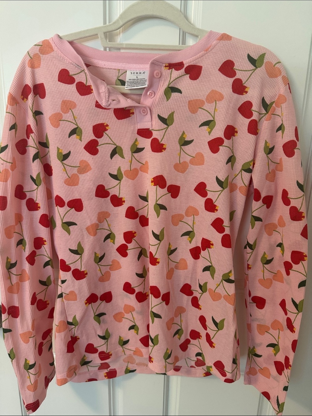 Serra Pink Cherry Print Henley Long Sleeve Top